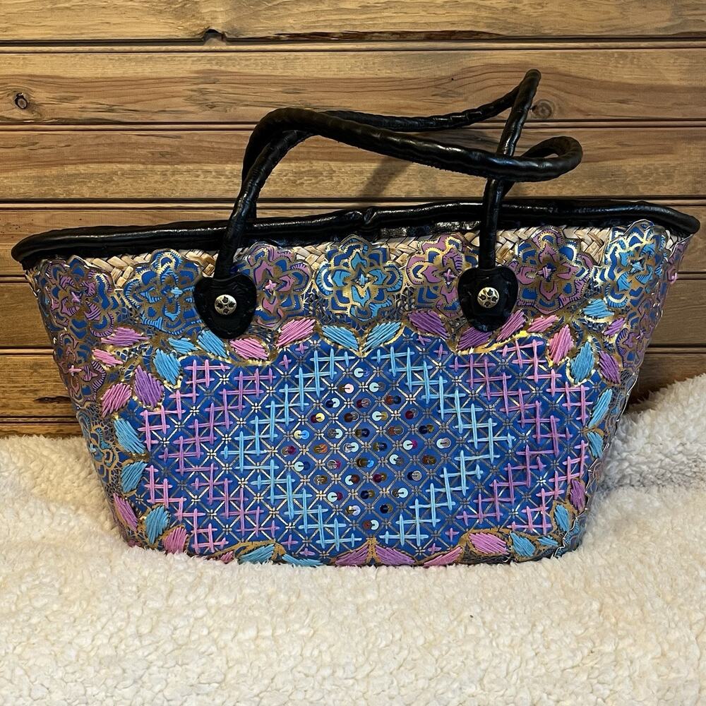 Patricia Nash Triana Straw Women’s Tote Handbag Embroidered Sequined Leather - Picture 5 of 16